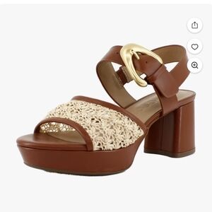 AEROSOLES Brown Leather Platform Sandal with Cream Woven Front & Gold Buckle